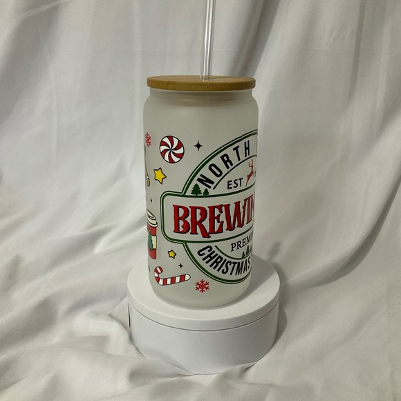 🔥SALE $15🎄16 OZ Handmade Frosted Glass Can Cup, W/Lid & Straw, Christmas Spirits - Picture 8 of 9